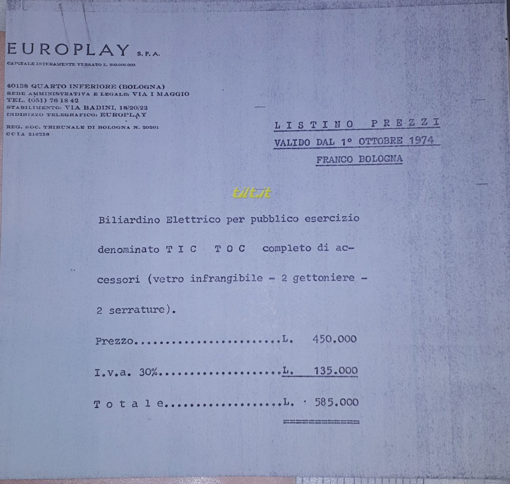 Europlay,listino 1974 flipper "Tic & Toc"