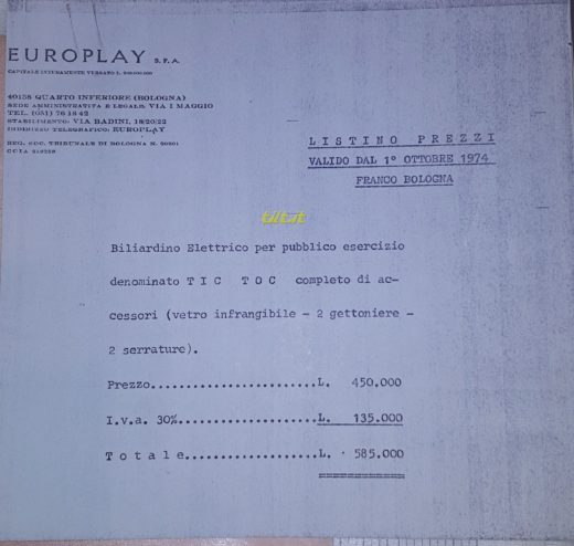 Europlay,listino 1974 flipper "Tic & Toc"
